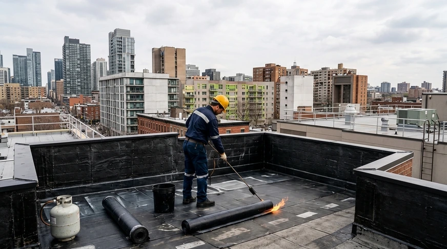 Operario aplicando manto asfáltico en la cubierta de una edificación