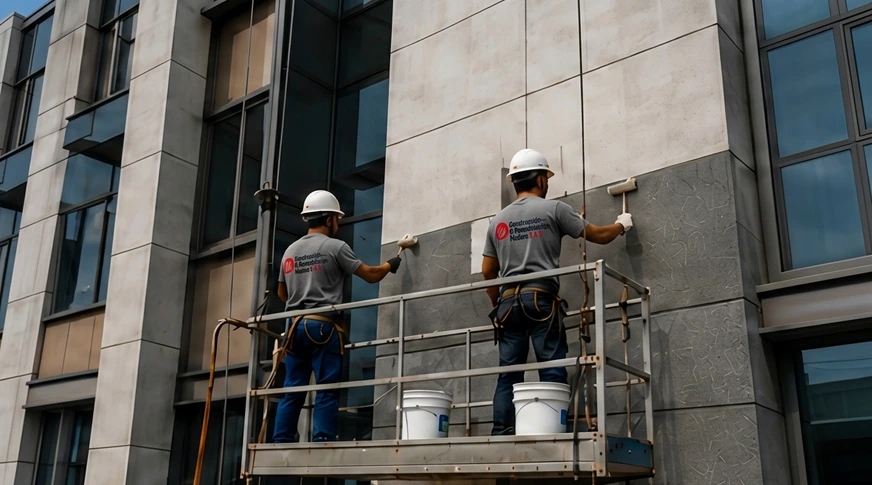 Dos operarios pintando la fachada de un edificio desde una plataforma